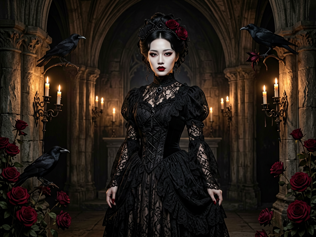 Gothic noir style — candlelit cathedral dark aesthetic